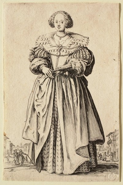 Viuhkaa pitelevä nainen tekijältä Jacques Callot