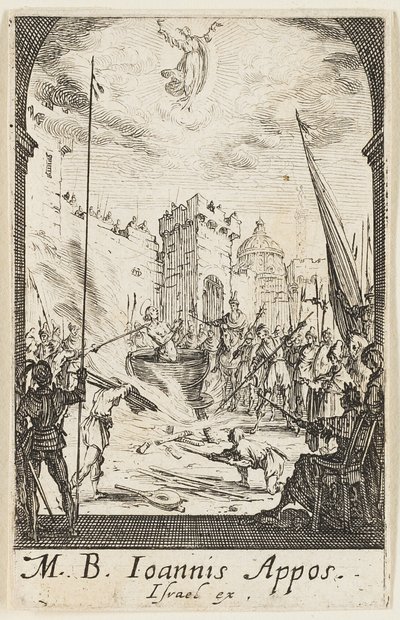 Pyhän evankelista Johanneksen marttyyrikuolema, viides osa Apostolien marttyyrikuolemat -teoksesta. tekijältä Jacques Callot