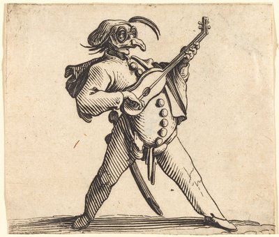 Naamioitunut koomikko soittamassa kitaraa tekijältä Jacques Callot