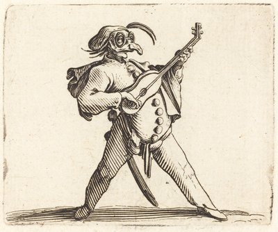 Naamioitunut koomikko soittamassa kitaraa tekijältä Jacques Callot