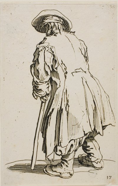 Vanha kerjäläinen nojaa kainalosauvaansa, The Beggarsin levy seitsemäntoista tekijältä Jacques Callot