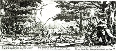 Talonpoikien kosto, levy 17 teoksesta "The Miseries and Fortunes of War", kaiverrettu Israel Henriet (n.1590-1661) 1633 tekijältä Jacques Callot