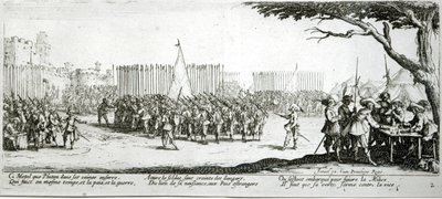 The Raising of an Army (Armeijan kokoaminen), levy 2 teoksesta "The Miseries and Misfortunes of War" (Sodan kurjuudet ja onnettomuudet), kaiverrettu Israel Henriet (n.1590-1661) 1633. tekijältä Jacques Callot