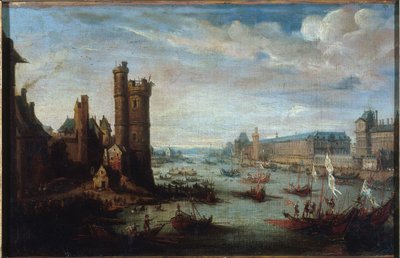 Tour de Nesle, Grande Galerie ja Louvre Pont-Neufista katsottuna, noin 1630, vuosien 1625 ja 1635 välillä (öljy kankaalle). tekijältä Jacques Callot