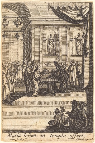 Neitsyt esittelee Jeesuksen temppelissä vuonna 1630 tai sen jälkeen. tekijältä Jacques Callot