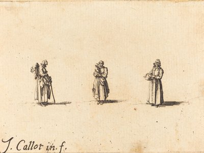 Kolme naista, yksi kädessään lasta, luultavasti 1634. tekijältä Jacques Callot