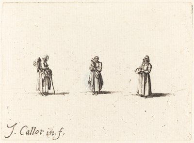 Kolme naista, yksi kädessään lasta, luultavasti 1634. tekijältä Jacques Callot