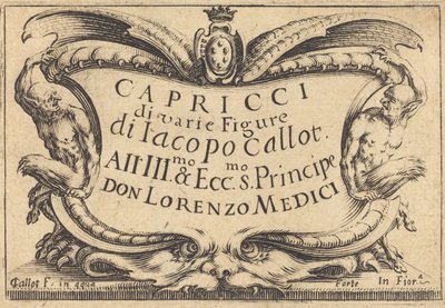 Nimisivu teokselle The Capricci, c. 1617. tekijältä Jacques Callot