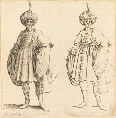 Kaksi turbaaniin pukeutunutta turkkilaista, joilla on höyhen tekijältä Jacques Callot