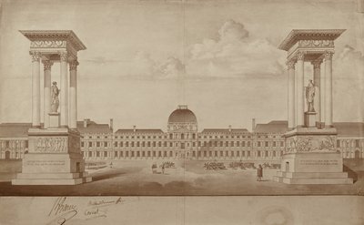 Suunnitelma 14. heinäkuuta ja 10. elokuuta muistomerkkeihin, jotka sijoitetaan Place du Carrouseliin (kynä ja muste paperille) tekijältä Jacques Delannoy