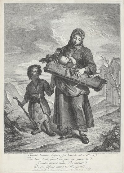 Nuori äiti kantamassa pinnasänkyä tekijältä Jacques Dumont Le Romain, finished by Jean Daullé