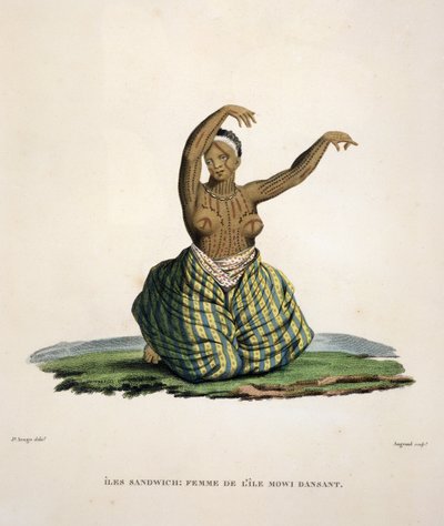 Tanssiva nainen Mauin saarelta Havaijin saarilta, kaiverrus Parfait Augrand (s.1782) tekijältä Jacques Etienne Victor Arago