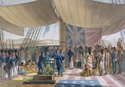 Sandwichsaaret: Kuninkaiden pääministerin ristiäiset Uraniella, Voyage Autour du Monde sur les Corvettes de LUranie 1817-20, Lerougen ja Forgetin kaiverrus, julkaistu 1825 ( tekijältä Jacques Etienne Victor Arago