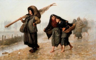 Simpukoiden kerääjät. Talonpoikaisnaiset paljain jaloin tai saappaat jalassa palaavat kotiin korit täynnä simpukankuoria ja suojautuvat sateelta. Jacques Eugene Feyenin (1815-1908) maalaus. Öljy kankaalle. Yksityiskokoelma. tekijältä Jacques Eugene Feyen