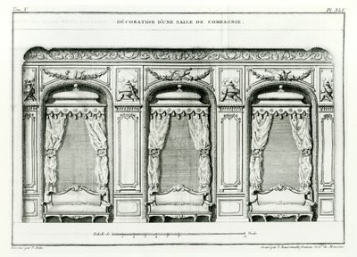 Älykäs pariisilainen salonki, vuodelta 1770 Cours dArchitecturesta, Pariisista, julkaissut 6 osaa vuosina 1771-1777 Blondel, Jacques-Francois (1705-74) sarja, jonka Pierre Patte viimeisteli hänen kuolemansa jälkeen, tekijältä Jacques François Blondel