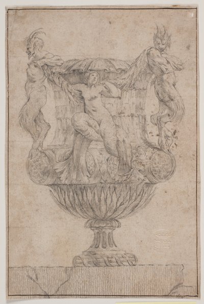 Koristeellinen maljakko, jossa Pan, faun ja nymfi. Kopioi Pl. 14 Salyn vuonna 1746 suunnittelemassa maljakosarjassa. "Vasa a se keksintö..." tekijältä Jacques Francois Joseph Saly