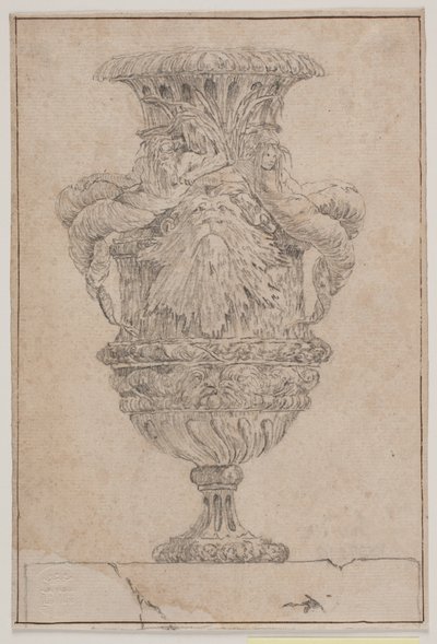 Koristemaljakko, jossa iso pää, merenjumala ja vesinymfi. Kopioi Pl. 26 Salyn vuonna 1746 suunnittelemassa maljakosarjassa. "Vasa a se keksintö..." tekijältä Jacques Francois Joseph Saly