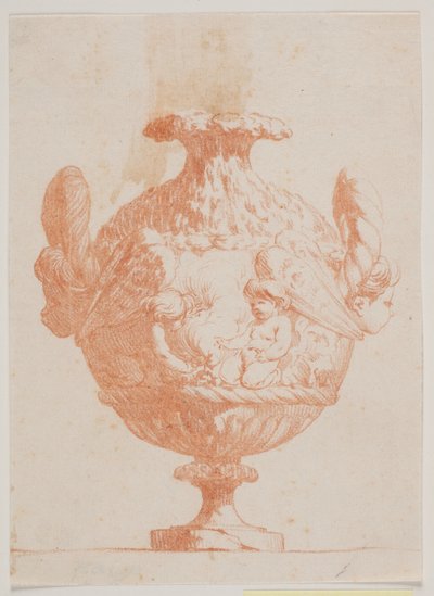 Koristeellinen maljakko, jossa kaksi päätä ja kaksi puttia. Kopioi pl. 19 Salyn vuonna 1746 suunnittelemassa maljakosarjassa. "Vasa a se keksintö..." tekijältä Jacques Francois Joseph Saly
