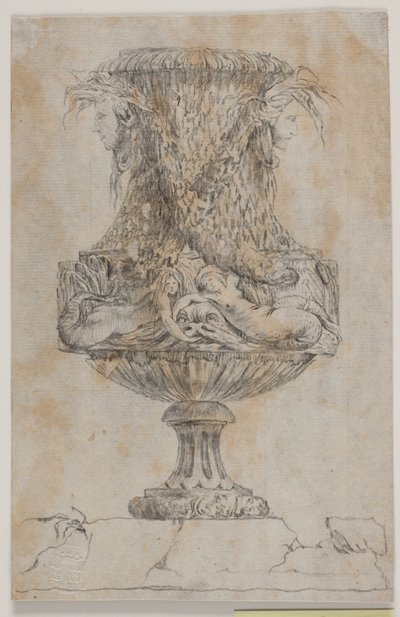 Koristeellinen maljakko, jossa kaksi päätä ja kaksi vesinymfiä. Kopioi Pl. 20 Salyn vuonna 1746 suunnittelemassa maljakosarjassa. "Vasa a se keksintö..." tekijältä Jacques Francois Joseph Saly