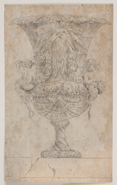 Koristeellinen maljakko kahdella putilla (merenneito?). Muokattu kopio (s. 9) Salyn vuonna 1746 piirtämien maljakoiden sarjassa. "Vasa a se keksintö..." tekijältä Jacques Francois Joseph Saly