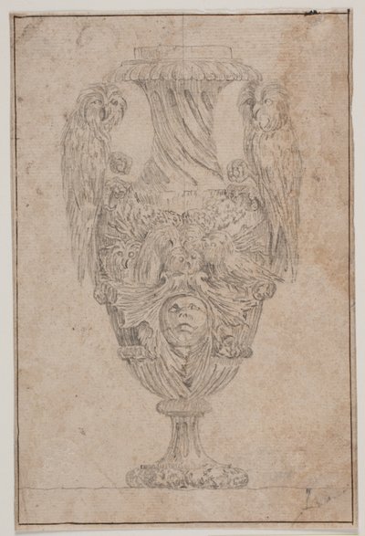 Koristeellinen maljakko kahdella pöllöllä ja päällä. Kopioi Pl. 15 Salyn vuonna 1746 piirtämässä maljakosarjassa "Vasa a se inventa..." tekijältä Jacques Francois Joseph Saly