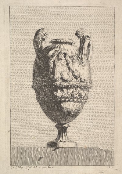 Maljakko, jossa miessireenillä on seppele, vuodelta: Maljakot, 1746. tekijältä Jacques Francois Joseph Saly