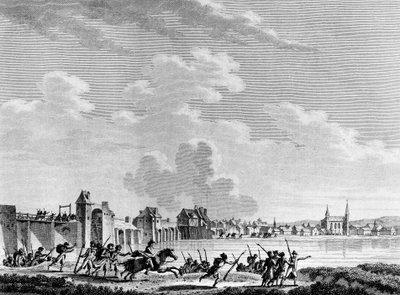Ranskan vallankumous: Deroute de Passy (Pacy sur Eure tai Pacy-sur-Eure) 13. heinäkuuta 1793. Berthautin kaiverrus Swebachin mukaan. Pariisi, Vallankumouksen historian instituutin kirjasto tekijältä Jacques Francois Joseph Swebach