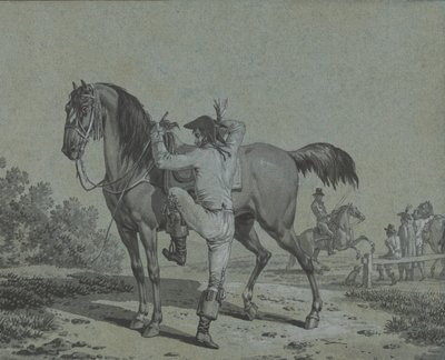Mies nousemassa hevoselle,. tekijältä Jacques Francois Joseph Swebach