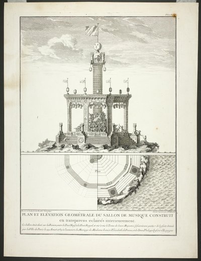 Musiikkihuoneen pohjapiirros ja korkeusnäkymä, levy kolme teoksesta Description des Festes Données par la Ville de Paris. tekijältä Jacques François Blondel