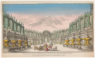 Näkymä Circen puutarhaan Decoration de theatre, Les Jardins de Circen edustaja (otsikko esineessä) tekijältä Jacques Gabriel Huquier