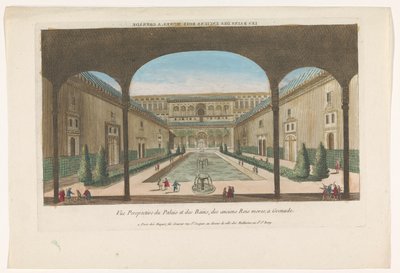 Näkymä Granadan Alhambran sisäpihalle, jossa on suihkulähteitä Les bains des enciens rois Mores, kranaatti (otsikko esineessä) tekijältä Jacques Gabriel Huquier