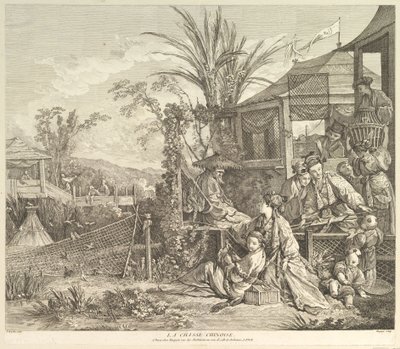 La Chasse Chinoise Kiinan metsästys, Chinoiseriesista, vuoden 1743 jälkeen. tekijältä Jacques Gabriel Huquier
