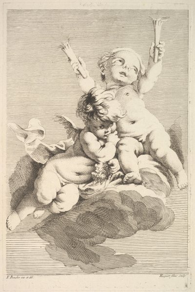 Kaksi Cupidoa, yksi taskulamppu, 1700-luvun puolivälistä loppupuolelle. tekijältä Jacques Gabriel Huquier