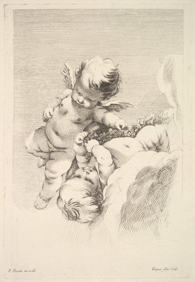 Kaksi Cupidoa, yksi pitelee seppelettä, 1700-luvun puolivälistä loppupuolelle. tekijältä Jacques Gabriel Huquier