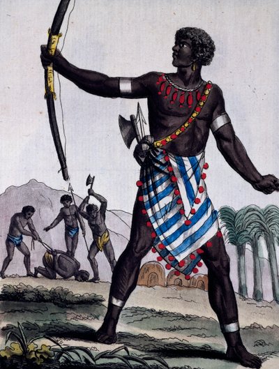 Anzikos soturi, Afrikka, kaiverrus Encyclopedia of Voyages tekijältä Jacques Grasset de Saint Sauveur