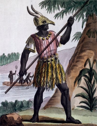 Neekerien ympärileikkaukseen käytetty baari Goree Islandilla Senegalissa, värikaiverrus Labroussen piirroksesta (aktiivinen 1796), Encyclopedia of voyages -julkaisusta, kirjoittanut Jacques Grasset de Saint-Sauveur (1757-1810) tekijältä Jacques Grasset de Saint Sauveur