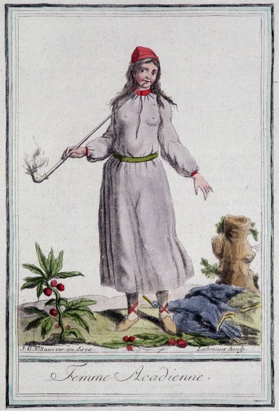 Acadian nainen - kirjassa "" Encyclopedia of travels"", kirjoittanut Grasset St Sauveur, toim. 1796 tekijältä Jacques Grasset de Saint Sauveur