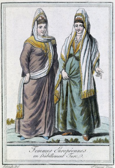 Eurooppalaiset naiset turkkilaisissa asuissa - Grasset Saint Sauveurin teoksessa Encyclopédie des voyages, toim. Pariisi 1796 tekijältä Jacques Grasset de Saint Sauveur