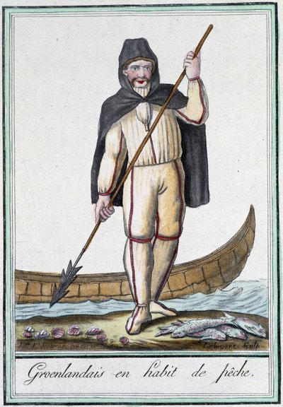 Grönlantilaiset kalastusvarusteissa - Grasset Saint Sauveurin "" Encyclopédie des voyages -kirjassa, toim. Pariisi 1796 tekijältä Jacques Grasset de Saint Sauveur