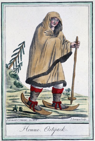 Ostyack mies suksilla - Grasset Saint Sauveurin "" Encyclopédie des voyages -kirjassa, toim. Pariisi 1796 tekijältä Jacques Grasset de Saint Sauveur