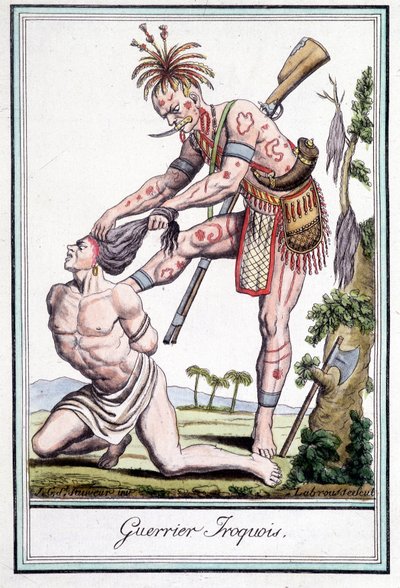 Irokeesisoturi skalpomassa vihollistaan - Grasset St Sauveurin, Pariisin "" Encyclopedia of travels -kirjassa" tekijältä Jacques Grasset de Saint Sauveur