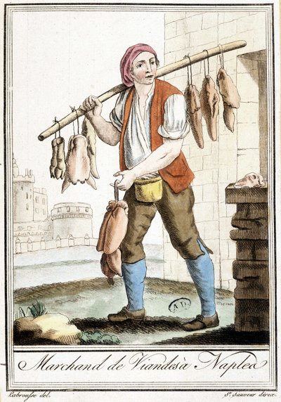 Lihakauppias Napolissa - Grasset St Sauveurin, Pariisin "" Encyclopedia of travels" -julkaisussa tekijältä Jacques Grasset de Saint Sauveur