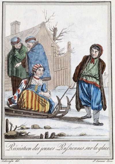Nuorten venäläisten virkistys kelkkailussa (venäläiset) - Grasset Saint Sauveurin "" Encyclopedia of Travels" -julkaisussa, toim. Pariisi 1796 tekijältä Jacques Grasset de Saint Sauveur