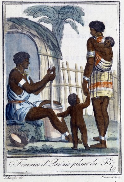 Issinielaiset naiset pommittavat riisiä - Grasset St Sauveurin "" Encyclopedia of Travels" -julkaisussa, toim. 1796 tekijältä Jacques Grasset de Saint Sauveur