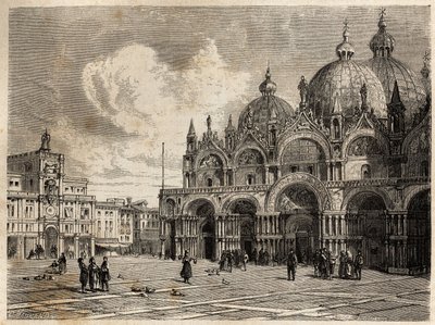 Pyhän Markuksen aukio ja kirkko, Jacques Guiaudin (1810-1876) piirustus havainnollistamaan Adalbert de Beaumontin matkaa Venetsiaan noin 1850. Kaiverrus kirjaan "" Le tour du monde", toimittanut Edouard Charton tekijältä Jacques Guiaud