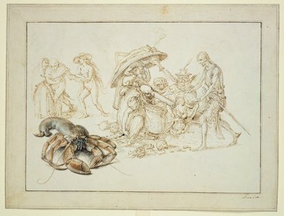 Hummeri ja kaksi noitaa, n. 1602 (kynä ja akvarelli paperille) tekijältä Jacques II de Gheyn