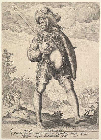 Sotilas, leveämiekalla ja kilvellä aseistettu, Upseerit ja sotilaat, 1587. tekijältä Jacques II de Gheyn