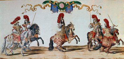 Karuselli vuodelta 1662: Kuningas Ludvig XIV ja ritarit osallistuvat vuoden 1662 karuselliin Pariisissa (kaiverrus) tekijältä Jacques I Bailly