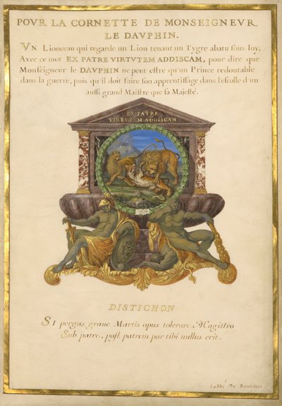 Ms. 11 (4) f.5, Ludvig XIV:n tunnus, n. 1663-1668 (guassi ja kulta pergamentilla) tekijältä Jacques I Bailly