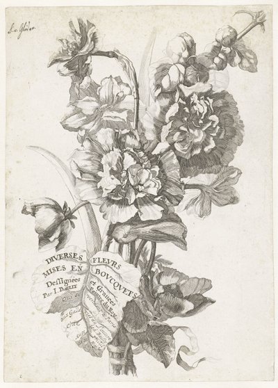 Nimisivu, jossa on kimppu pioneja, kirjailija Diverses Fleurs mises en Bouquets, n. 1670 tekijältä Jacques I Bailly